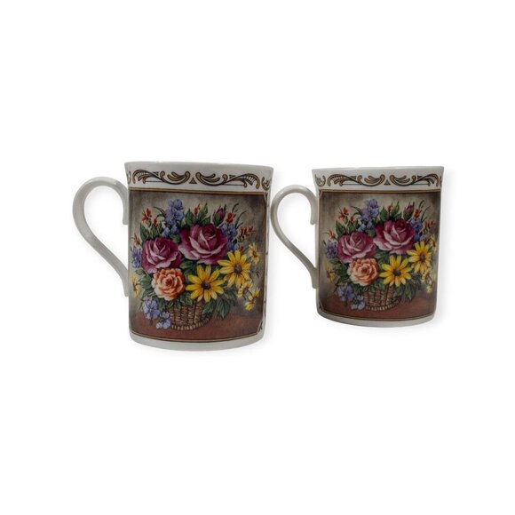 Royal Worcester Porcelain Floral Bouquet Scroll Coffee/Tea Mugs Set Of 2 Fine Bo - Picture 8 of 15
